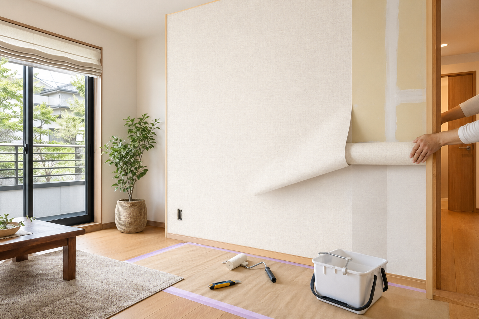 壁紙張替えの作業現場